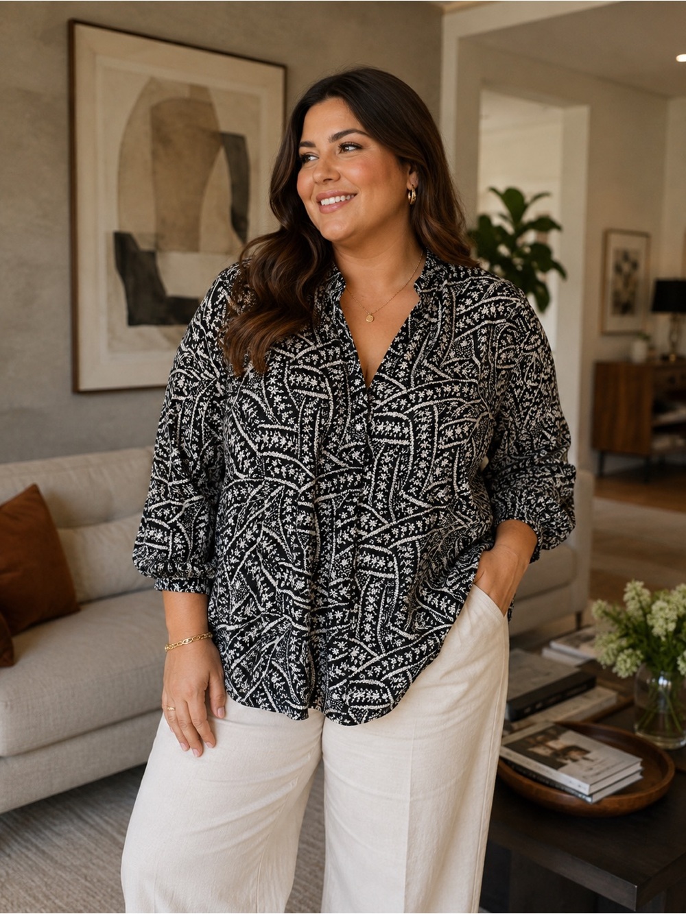 Allen B. By Allen Schwartz Black & White Printed Button-Down Shirt